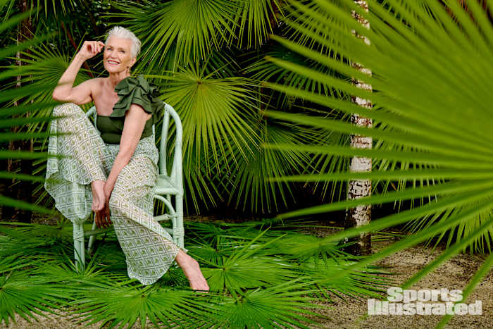 Maye Musk was photographed by Yu Tsai in Belize. Swimsuit by Maygel Coronel. Pants by Caroline Constas. Earrings by Cleopatra's Bling.